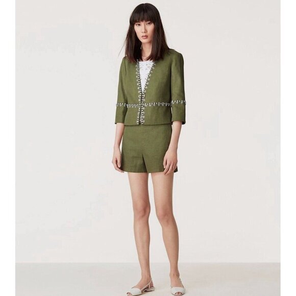 NEW! TORY BURCH Avery Hills Embellished Jacket Linen Blend Green SZ 4 - Picture 7 of 16